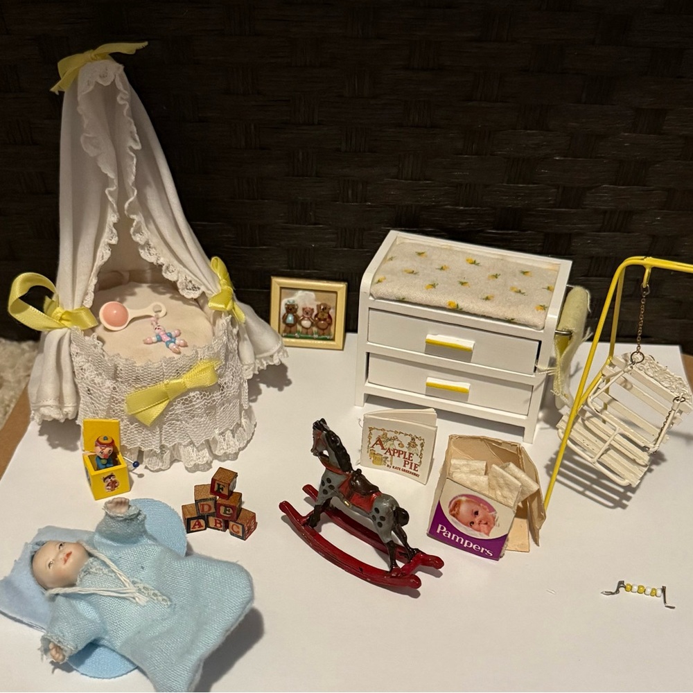Vintage miniature dollhouse baby nursery furniture and accessories
